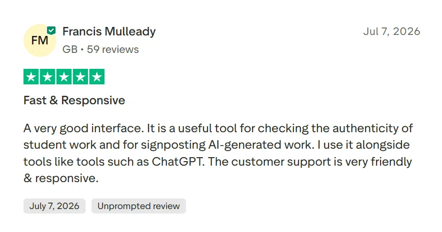 Five-star Trustpilot review describing Originality AI as a fast and responsive tool for checking student work.