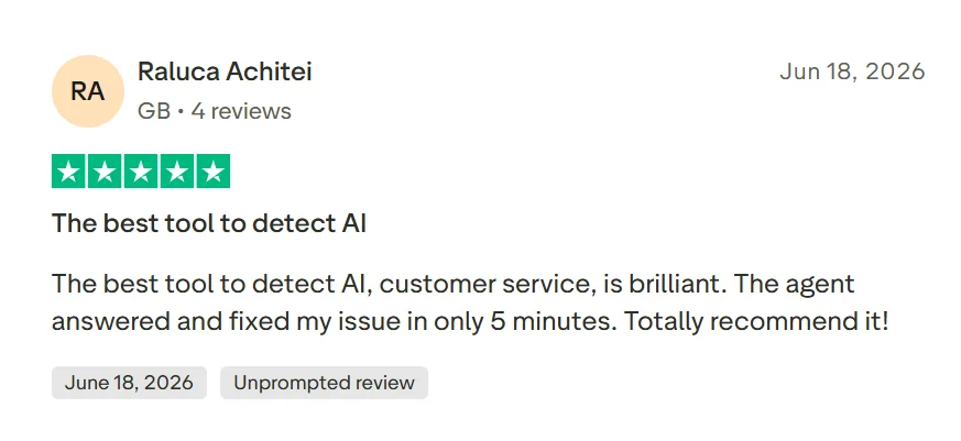 Five-star Trustpilot review praising Originality AI detection and reporting that support resolved an issue within five minutes.
