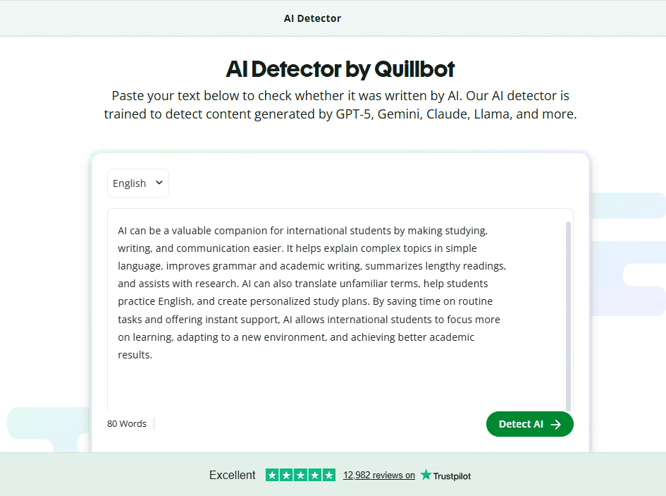 ChatGPT-generated text pasted into QuillBot AI Detector for testing