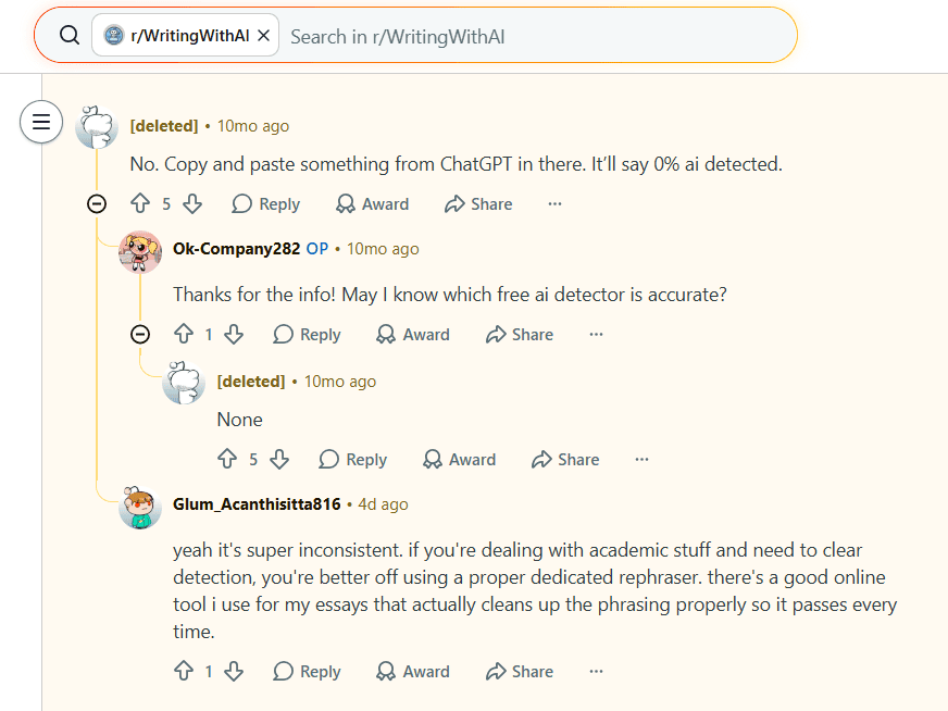 Reddit discussion about whether QuillBot AI detection is reliable