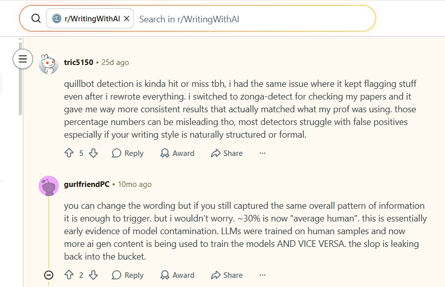 Reddit discussion questioning QuillBot AI detector fairness and reliability