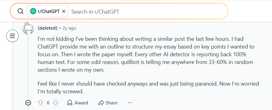Reddit discussion about QuillBot AI detection and rewritten content