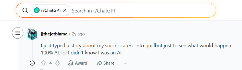 Reddit users discussing concerns about QuillBot AI Detector accuracy