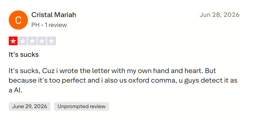 Negative Trustpilot review saying QuillBot is not accurate