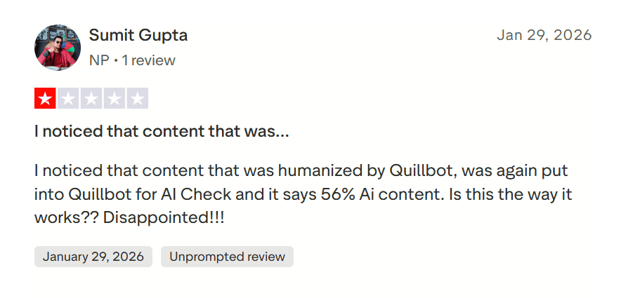 Negative Trustpilot review saying QuillBot subscription was not worth the money