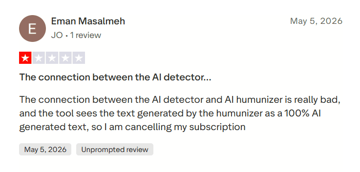 Negative Trustpilot review discussing QuillBot AI detector and AI humanizer connection
This review raises a concern about the relationship between AI detection and tools that claim to make writing look more human. That is a messy area. Students should be careful when one tool tells them something is AI and another promises to hide it. This can create a cycle of rewriting, checking, rewriting again, and becoming more confused. Academic writing should focus on clarity and originality, not just beating a detector.