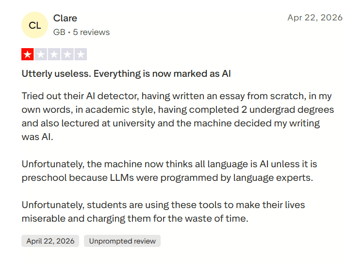 Negative Trustpilot review saying QuillBot is expensive and disappointing