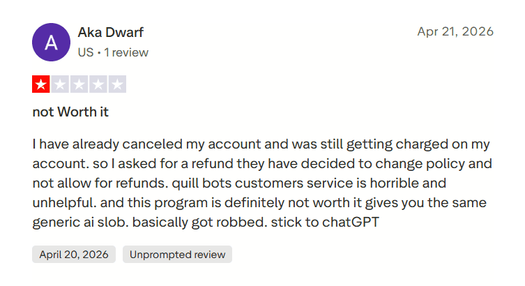 Negative Trustpilot review describing dissatisfaction with QuillBot paid subscription