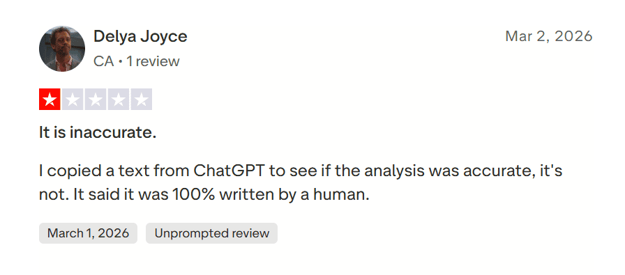Negative Trustpilot review saying student assignment was marked as AI by QuillBot