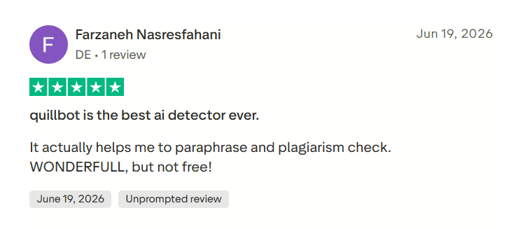 Trustpilot review praising QuillBot AI detector and plagiarism checker