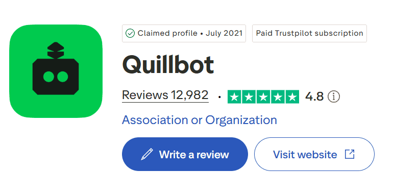 Trustpilot summary showing QuillBot rating and number of reviews