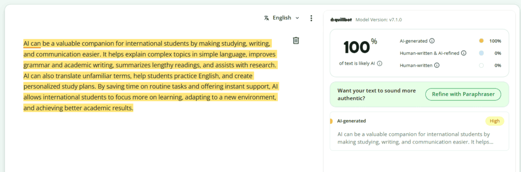 QuillBot AI Detector showing 100 percent AI result for ChatGPT-generated content
