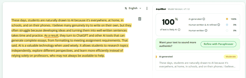 ChatGPT rewriting human-written content before testing it in QuillBot AI Detector