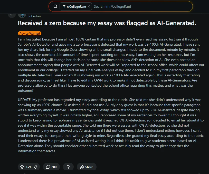 Reddit student describing an academic penalty based on a Scribbr AI detector result
