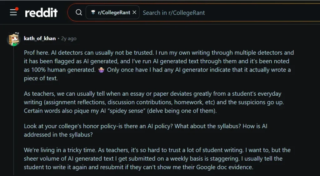 Professor explaining that AI detectors can misclassify both human and AI-generated writing