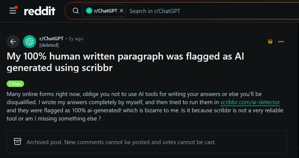 Archived Reddit post reporting that a human paragraph received a 100% AI score