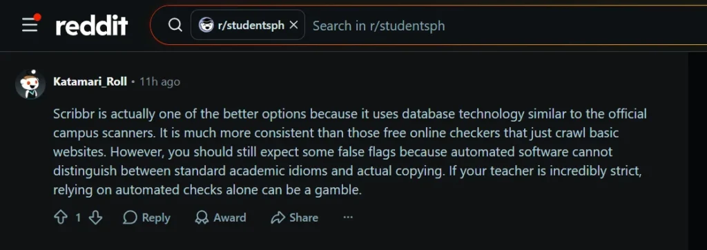 Reddit comment describing Scribbr as more consistent than basic free online checkers