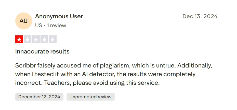 Trustpilot reviewer alleging inaccurate plagiarism and AI detection results from Scribbr