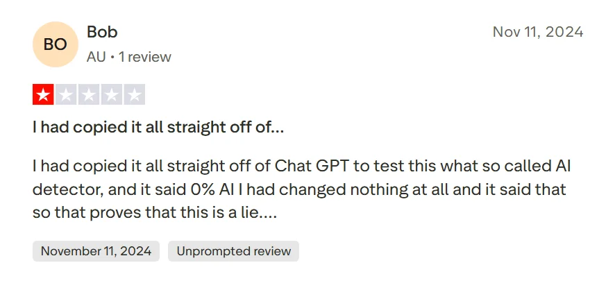 Trustpilot review claiming copied ChatGPT text received a 0% AI detection score