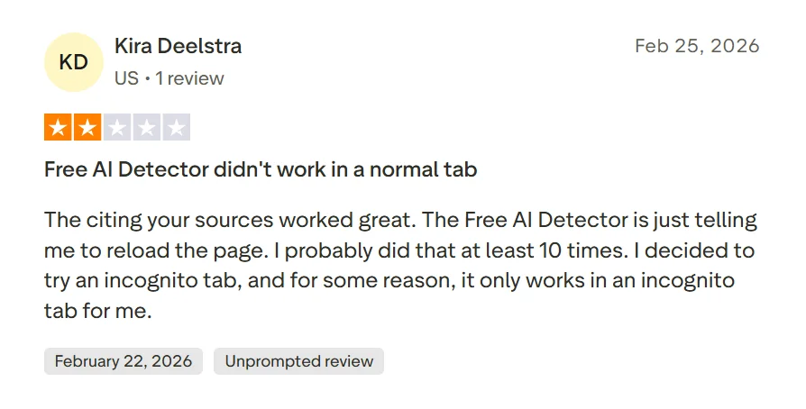 Trustpilot reviewer reporting that Scribbr’s free detector worked only in incognito mode