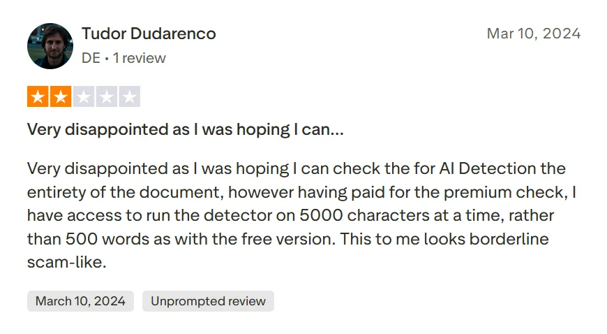 Trustpilot user expressing disappointment with Scribbr premium AI detection character limits