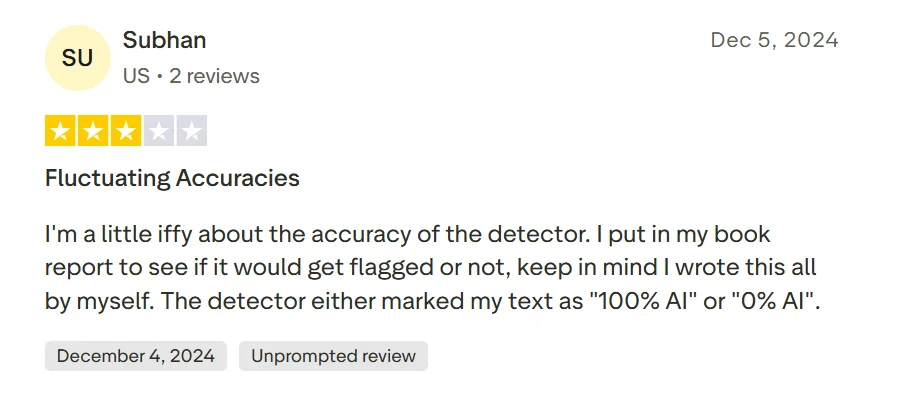 Trustpilot reviewer reporting opposite AI scores for a personally written book report