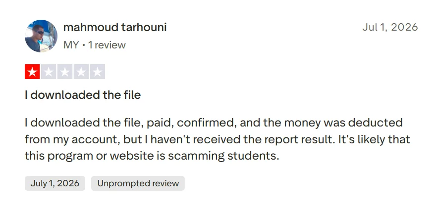 Trustpilot complaint about payment being deducted without delivery of a Scribbr report
