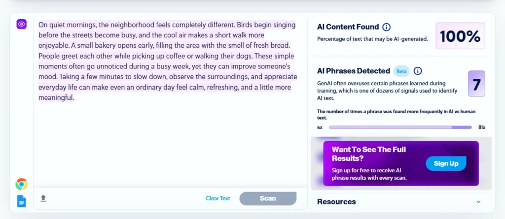 Copyleaks AI Detector showing a 100 percent AI result for the first fully AI-generated writing sample
