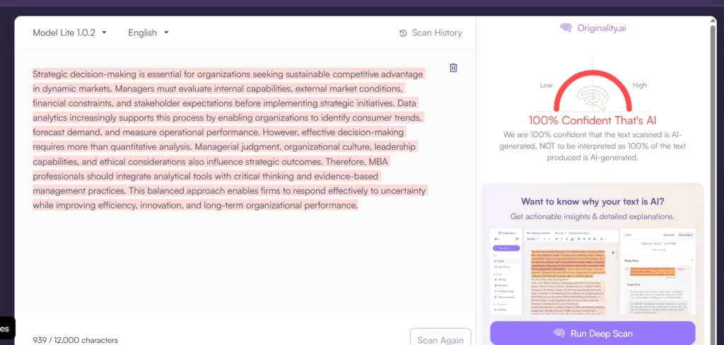 Originality AI Model Lite showing 100% confidence that a fully AI-generated business strategy passage was written by AI.