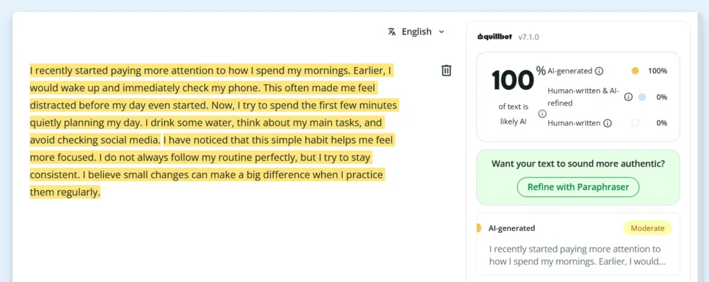 AI detector marking a fully AI-written morning-routine paragraph as 100% AI-generated