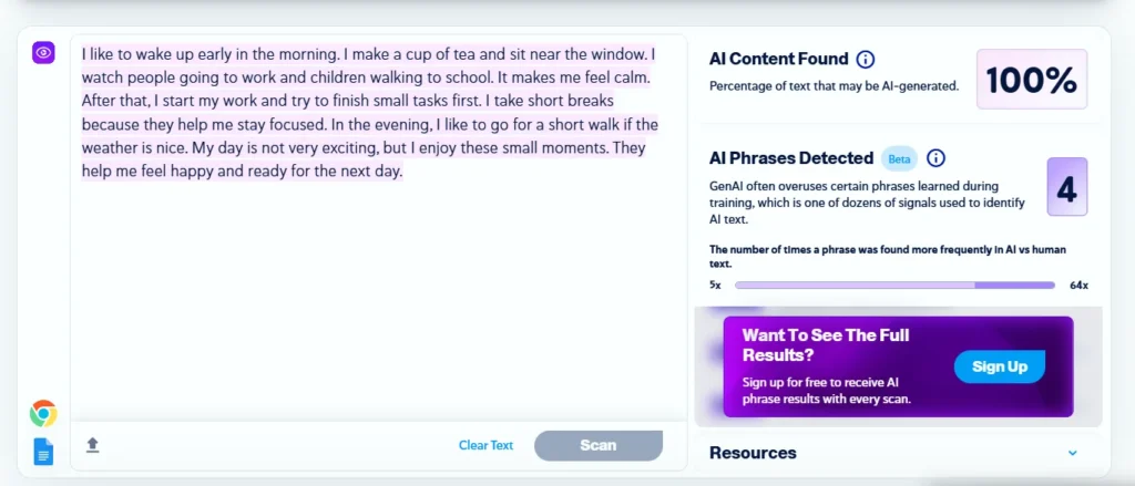Second Copyleaks test showing 100 percent AI-generated content with four detected AI phrases