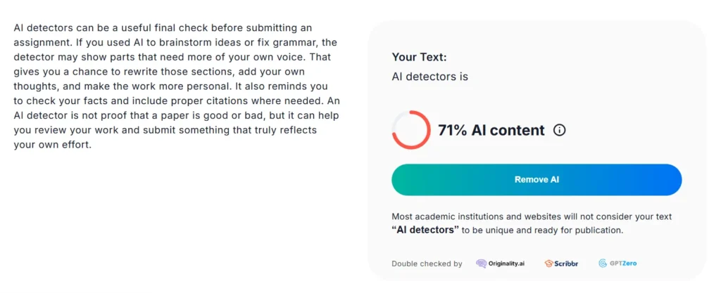 JustDone AI detector false positive test showing human-written content flagged as 97 percent AI