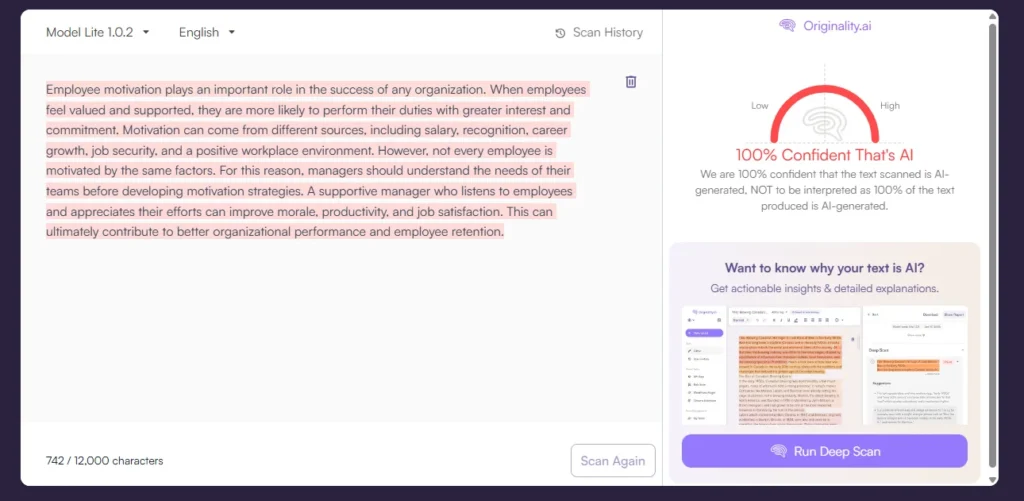 Originality AI Detector giving a 100% AI confidence score to a fully AI-generated paragraph about employee motivation.