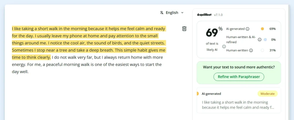 Fully AI-written walking paragraph receiving a 69% AI-generated score from the detector