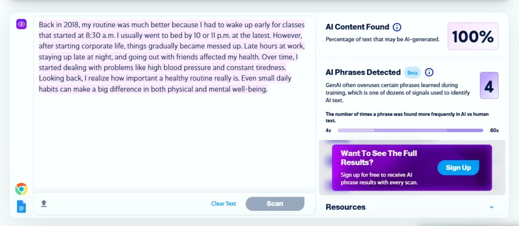 Copyleaks AI Detector classifying a mixed human and AI writing sample as 100 percent AI-generated