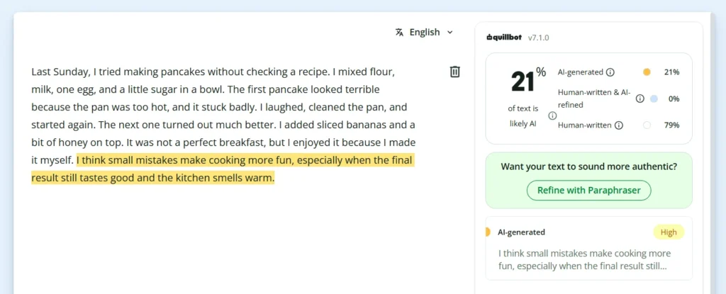 Fully AI-generated pancake story receiving only a 21% AI score
