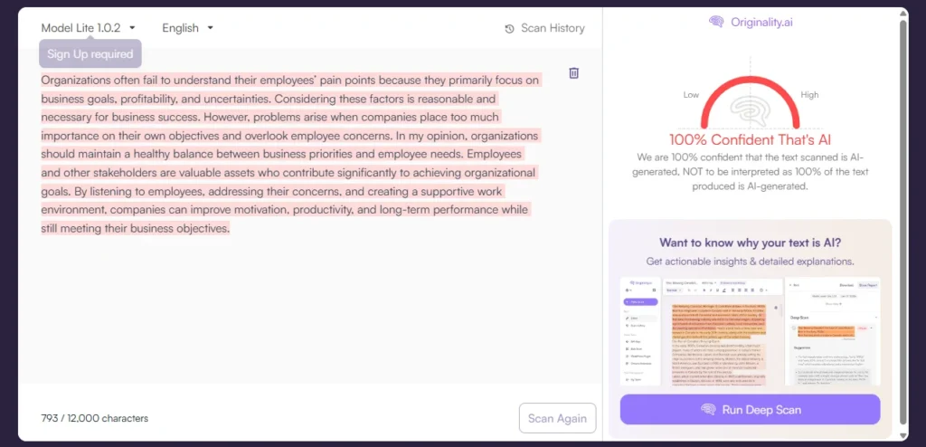 Originality AI marking a passage containing mixed human and AI writing as 100% AI-generated.