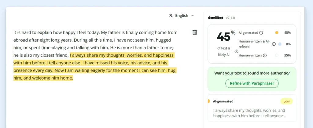 Mixed human and AI-written family paragraph receiving a 45% AI detection score