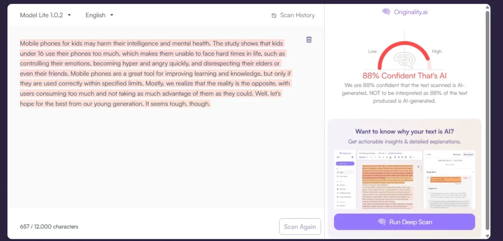 Originality AI reporting 88% confidence that a fully human-written paragraph was generated by AI.