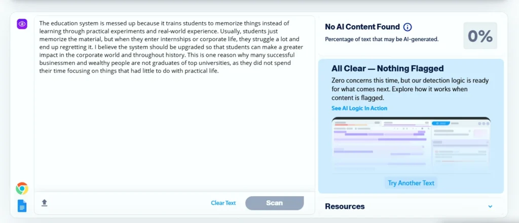 Copyleaks AI Detector reporting zero percent AI for a fully human-written academic paragraph
