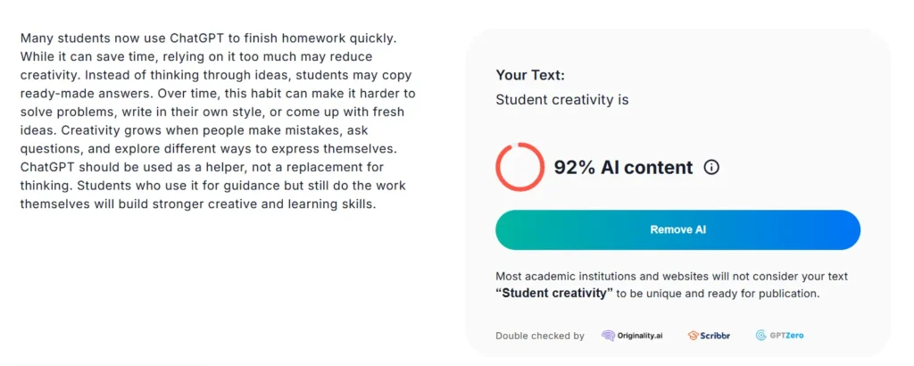 JustDone AI detector test showing partially human-written content flagged as 92 percent AI content