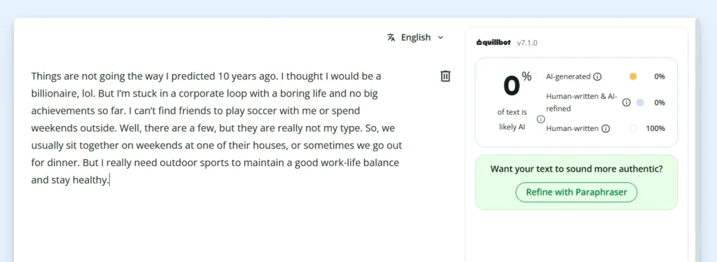 Human-written paragraph about work and outdoor sports receiving a 0% AI score