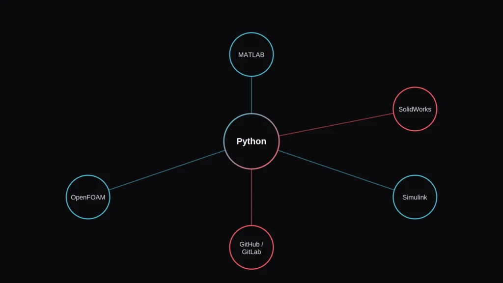 Diagram showing Python at the center, connected to MATLAB, SolidWorks, Simulink, GitHub and GitLab, and OpenFOAM