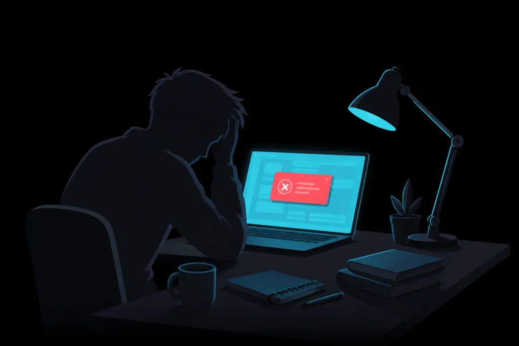Alt text Student working late at night on a laptop illustrating the stress of hitting a Stata error before a deadline