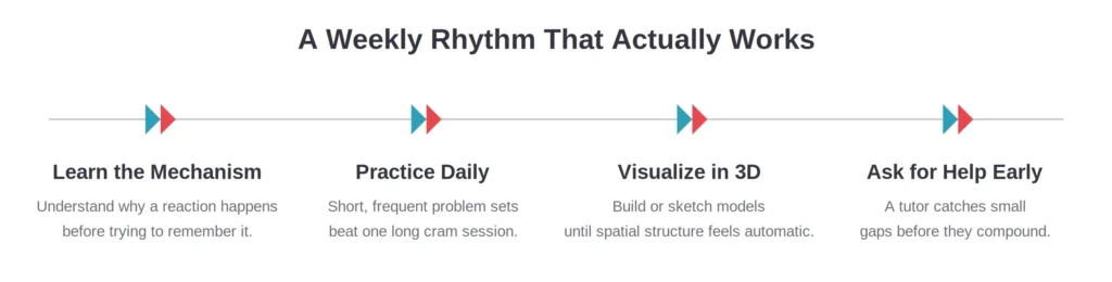 Four-step weekly study rhythm graphic for organic chemistry: learn the mechanism, practice daily, visualize in 3D, ask for help early