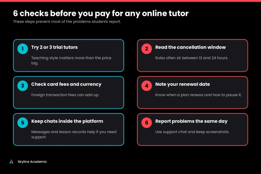 Six checks to make before paying for an online tutor, including trial lessons, cancellation rules and renewal dates