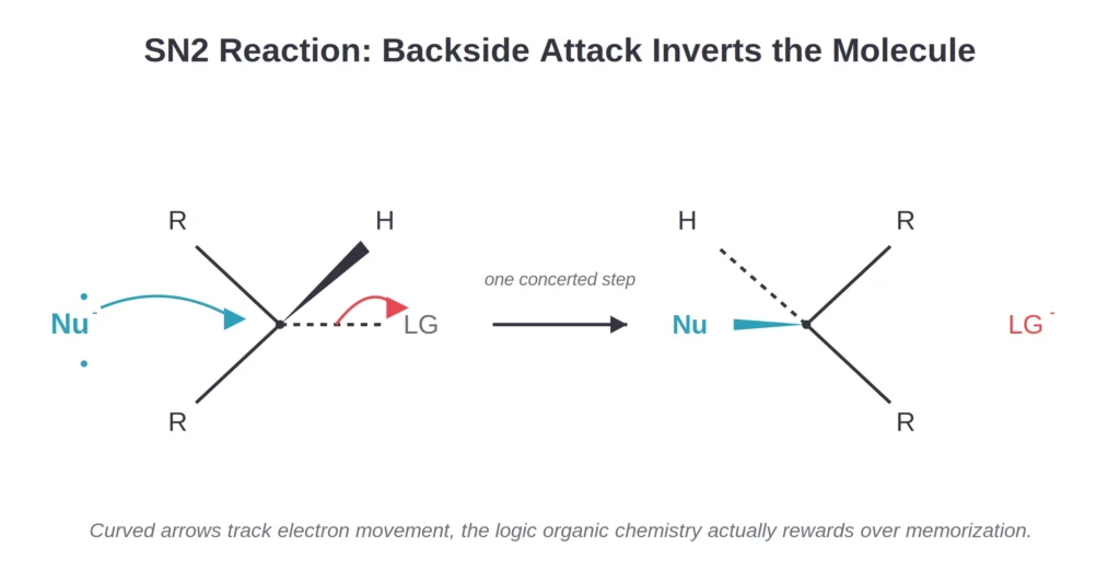 Diagram of an SN2 reaction mechanism showing a nucleophile attacking a carbon from the side opposite the leaving group, with curved arrows indicating electron movement and the inverted product