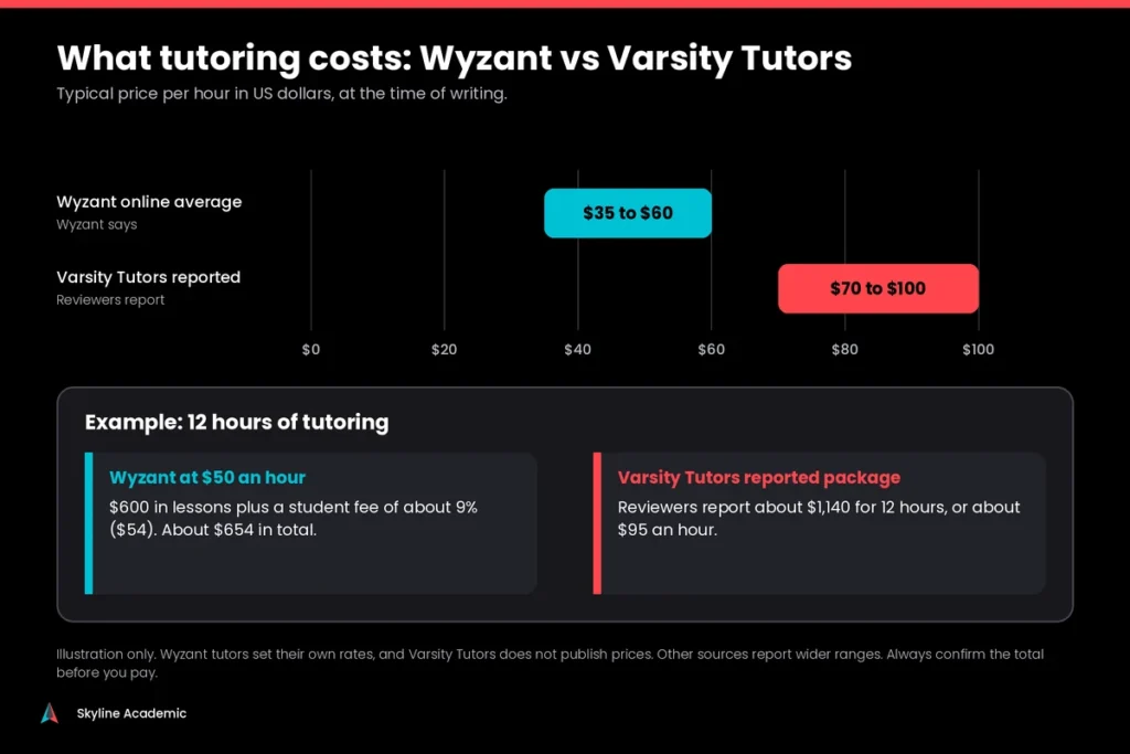 Price comparison of Wyzant and Varsity Tutors per hour, with a 12 hour cost example