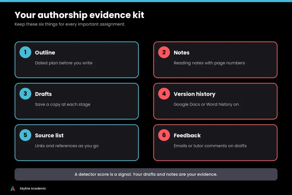 Authorship evidence kit checklist for students: outline, notes, drafts, version history, source list and feedback