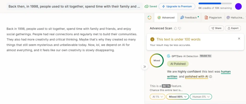 GPTZero result for human written text polished with AI showing an AI Polished label and Mixed 99 percent